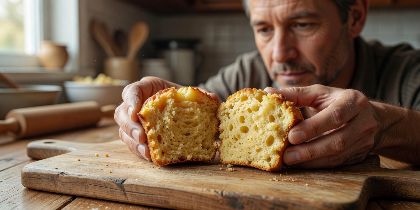 Home baker holding two halved cornmeal muffins on a wooden board in natural window light to compare crumb density