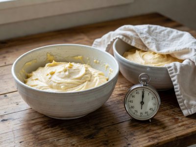 Ceramic mixing bowl of thick muffin batter resting on a counter beside a kitchen timer set for 45 minutes