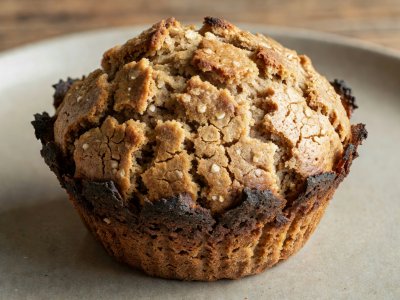High-domed oat bran muffin with deep dry surface fissures and scorched edges