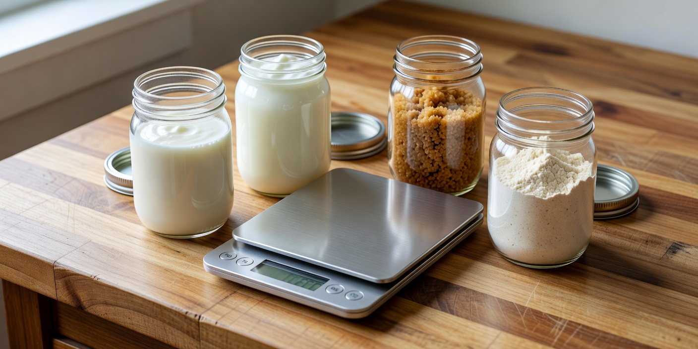 Digital kitchen scale on a butcher block surrounded by glass jars of buttermilk, Greek yogurt, brown sugar, and oat flour