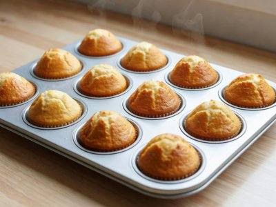 Golden, evenly browned muffins cooling in a bright silver aluminized steel 12-cup pan
