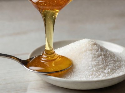 Golden clover honey drizzling onto a spoon beside a bowl of white granulated cane sugar