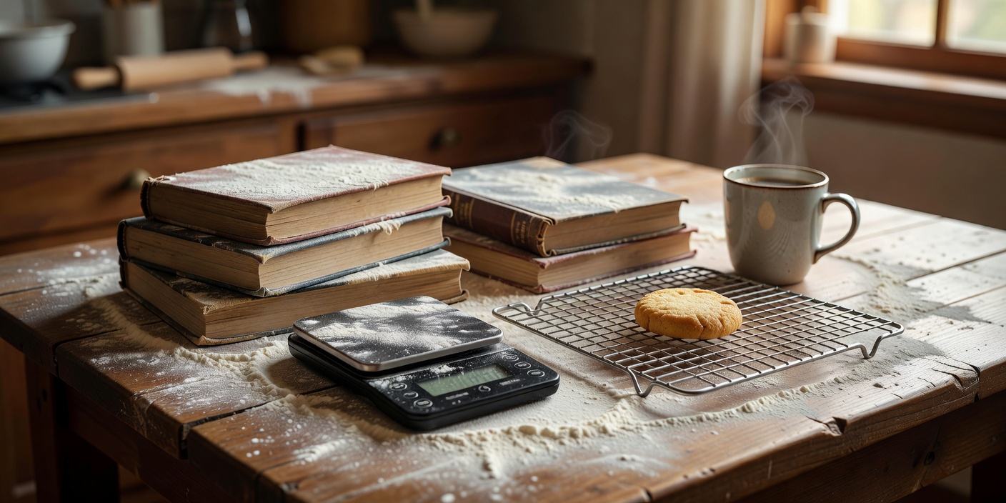 Warm natural-light home kitchen table with flour-dusted baking books, a digital gram scale, a wire cooling rack, and a mug of coffee