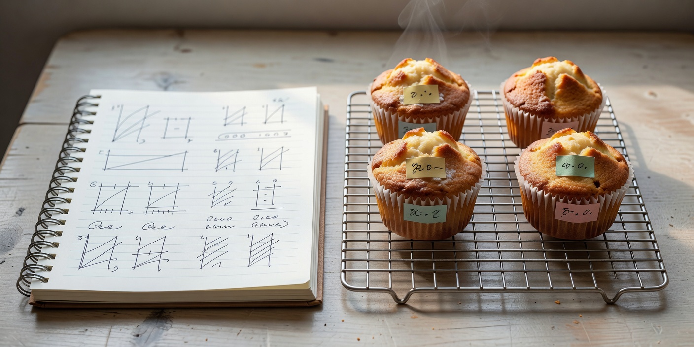 Open spiral notebook with ink measurements next to two labeled pairs of test muffins cooling on a wire grid
