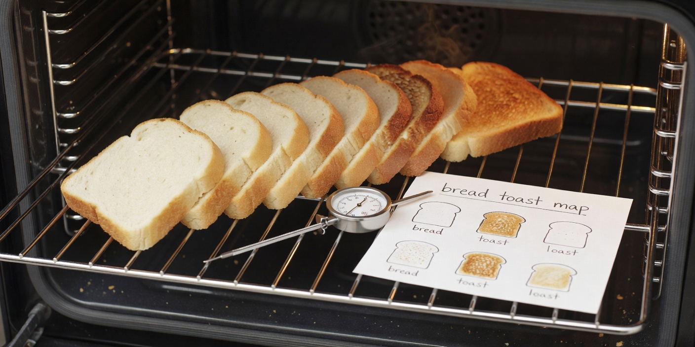 Home oven rack lined with evenly spaced white bread slices showing darker toasted zones at the back right corner beside an oven thermometer