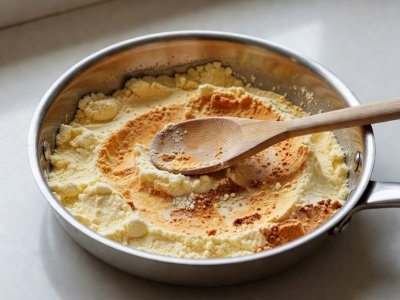 Stainless steel skillet containing golden toasted nonfat dry milk powder and a wooden spoon